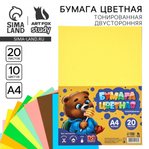 Бумага цветная двусторонняя А4 «Медвежонок» 20 листов 10 цветов тонированная, плотность 80 г/м?