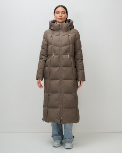 Пальто зимнее утепленное с капюшоном женское светло-коричневого цвета 7729SK