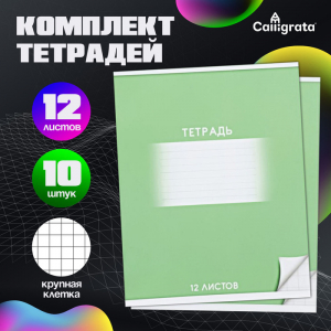 Тетради 12 листов в крупную клетку Calligrata «Школьная», обложка мелованный картон, 10 шт., зеленая