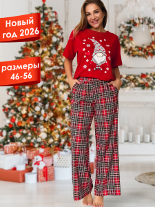 Пижама женская с брюками гномы красный
