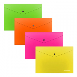 Папка-конверт на кнопке А5+ (239?189 мм), 180 мкм, ErichKrause Glossy Neon, глянцевая, полупрозрачная, микс