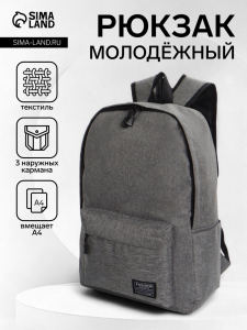 Рюкзак школьный на молнии, с карманами, однотонный, размер 29?12?39 см, серый
