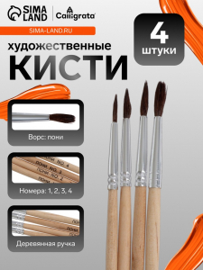 Кисти художественные для рисования, пони, 4 штуки: № 1, 2, 3, 4, круглые, деревянная ручка, международный размер