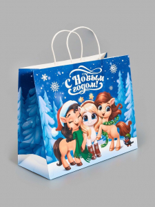 Пакет подарочный новогодний «Лошадки 2026», белый крафт, 32?28?15 см