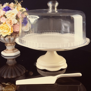 205-566 Тортовница 33х30см на ножке с крышкой и лопаткой МИРАЖ в под.уп.(х4)Фарфор