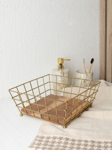 Корзина для хранения 25x25x11 золотой сталь с порошковым покрытием/дерево акации