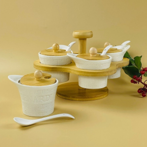 140-146 Набор из 4 банок для специй с ложками на подставке BAMBOO в под.уп.(х16)Фарфор