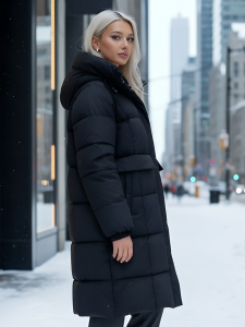 Куртка летучая мышь женская с капюшоном зимняя черного цвета 9621Ch