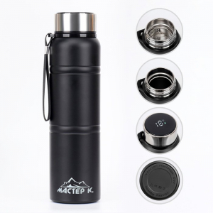 Термос Мастер К Warm, 850 мл, с ситечком, с датчиком температуры, сохраняет тепло 24 ч, нержавеющая сталь, чёрный