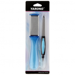 Педикюрный набор 2 предмета: пилка металлическая с триммером; терка двусторонняя: наждачная, металлическая, цвета в ассортименте: розовый, голубой, фиолетовый, в блистере (Китай)