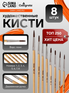Кисти для рисования, пони - синтетика, 8 штук: №1, 2, 3, 4, 5, 6, 7, 8, Calligrata, круглые, деревянная ручка, международный размер