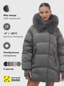 Куртка зимняя женская с мехом и капюшоном тренд темно-серого цвета 7658TC