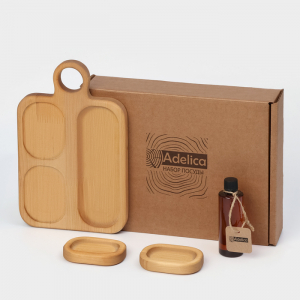Подарочный набор посуды Adelica, доска сервировочная 3 секции, 2 менажницы съёмные, масло в подарок 100 мл, дерево берёза