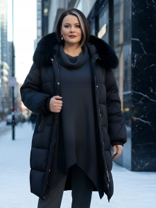 Пальто зимнее утепленное с мехом и капюшоном тренд черного цвета 7629Ch