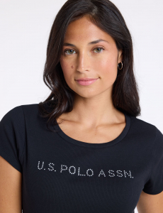 RHINESTONE WORDMARK SEMI SCOOP T-SHIRT