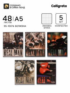 Тетради 5 штук, 48 листов в клетку Real Man, обложка мелованный картон, блок офсет