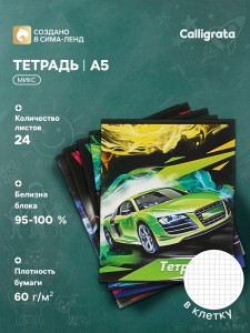 Тетрадь 24 листа в клетку, Calligrata «Тачки», обложка мелованный картон, МИКС