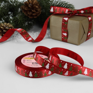 Лента атласная «Ёлки», 15 мм, 23±1 м, красная