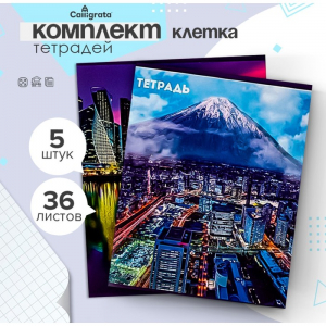 Тетради 36 листов в клетку, Calligrata «Города», 5 штук