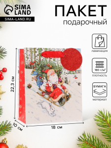 Пакет подарочный новогодний ламинированный «На санях», люкс, 18?22.3?10 см