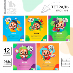 Тетрадь 12 листов в косую линейку, А5, на скрепке, блок №1 «Учись на 5+» МИКС
