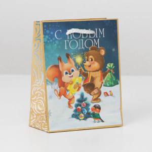 Пакет подарочный новогодний крафтовый «Друзья возле ёлочки», S 12 х 15 х 5.5 см
