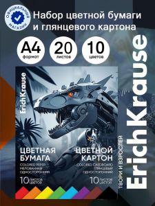 Набор цветной бумаги и картона А4 ErichKrause Techno Dino, 20 листов, 10 цветов, на клею