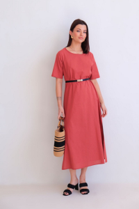 16192 Платье хлопковое с разрезами в красном оттенке