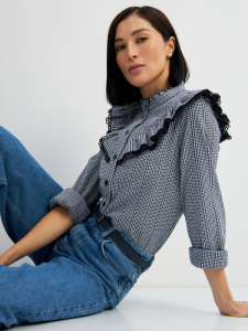 Блузка из хлопка с кружевом OD-896-2 сине- белая мелкая клетка