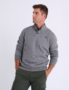 PEACHED FLEECE BUTTON MOCK NECK PULLOVER