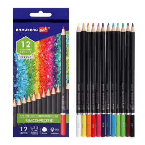 Карандаши художественные цветные BRAUBERG ART CLASSIC, 12 цветов, мягкий грифель 3.3 мм,