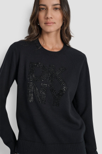 DKNY STACKED RHINESTONE LOGO LONG SLEEVE CREW NECK