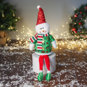 Игрушка мягкая «Снеговик в сияющем костюме с длинными ножками» 42?19 см, красно-зелёный