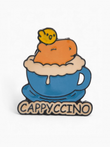 Значок «Капибара капучино», оранжево-синий в чёрном металле