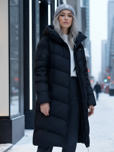 Пальто зимнее утепленное с капюшоном женское черного цвета 1318Ch