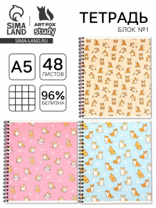 Тетрадь в клетку 48 листов А5, на спирали, внутренний блок №1 «Корги» МИКС