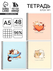 Тетрадь в клетку 48 листов А5, на спирали, внутренний блок №1 «Аниме котики» МИКС
