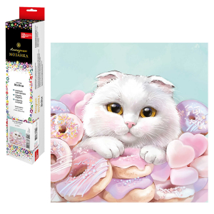 Алмазная мозаика КОТ С ПОНЧИКАМИ, 30*30 см, 23 цветов страз, картонная коробка с европодвесом