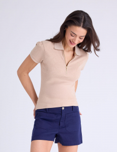 HALF ZIP PUFF SLEEVE HEATHER POLO SHIRT