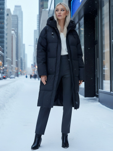 Пальто летучая мышь женское с капюшоном зимнее черного цвета 9619Ch