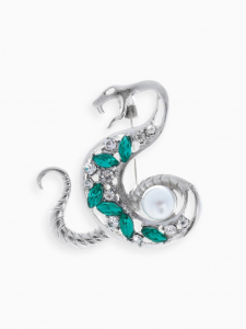 Брошь «Змея» с жемчужиной, цвет бело-зелёный в серебре