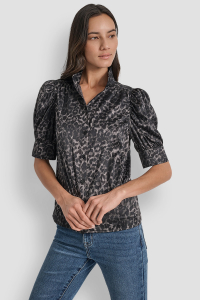 PUFF SLEEVE COLLARLESS SHIRT