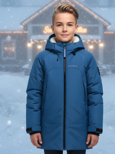Парка зимняя подростковая для мальчика с капюшоном синего цвета 9533S