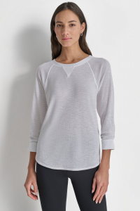 RUCHED 3/4-SLEEVE SLUB WAFFLE-KNIT TEE