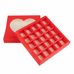 Коробка для 25 конфет с разделителями, Красная окно сердце