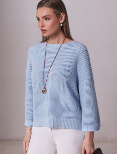 Укороченный джемпер с широкими рукавами рельефной вязки из хлопка с акрилом