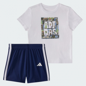 kids'  two-piece short sleeve graphic cotton tee and 3-stripes shorts set