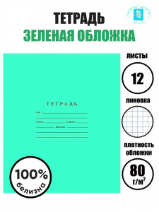 Тетрадь 12 листов в клетку «Зелёная обложка», плотность 60 г/м?