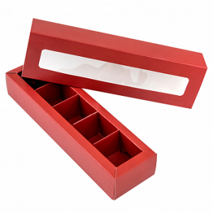 Коробка с обечайкой для 5 конфет с окном 20*5,5*3,5 см, Красная