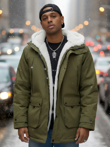 Парка мужская зимняя удлиненная с мехом хаки цвета 8753Kh